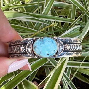 Navajo Artist June Defauito Golden Hills Turquoise Sterling Silver Cuff